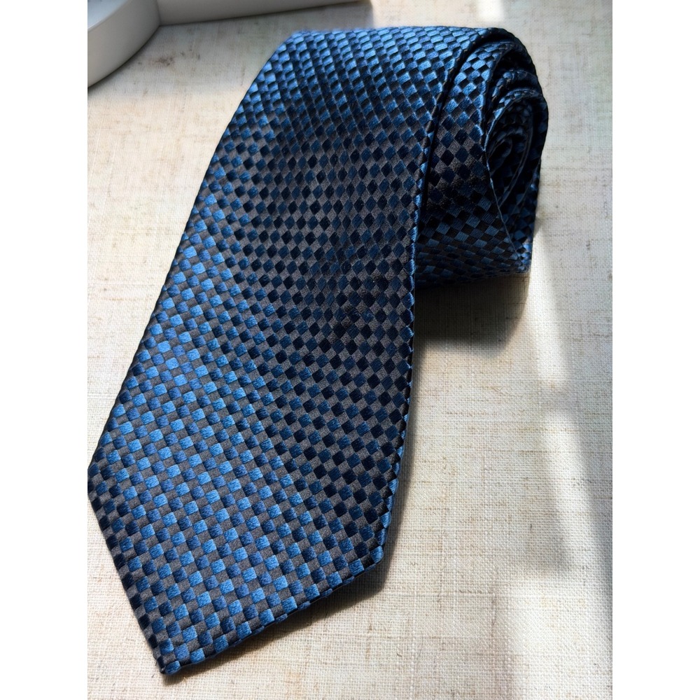 Ferre Mens Silk Tie Blue Navy Black Woven Checkerboard Made in Italy